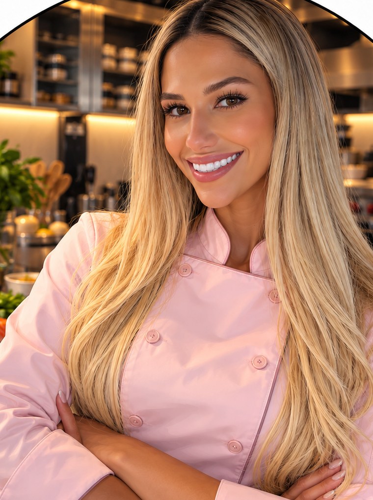Chef Sof in her pink chef coat in a professional kitchen